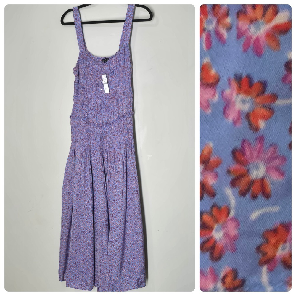 J.Crew Smocked Ditzy Floral Midi Dress Blue Sleeveless Tiered NWT Women's XL